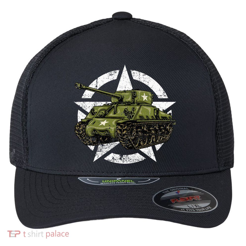 Sherman M4 World War 2 Army Tank Vintage Tank A Military Flexfit Unipanel Trucker Cap