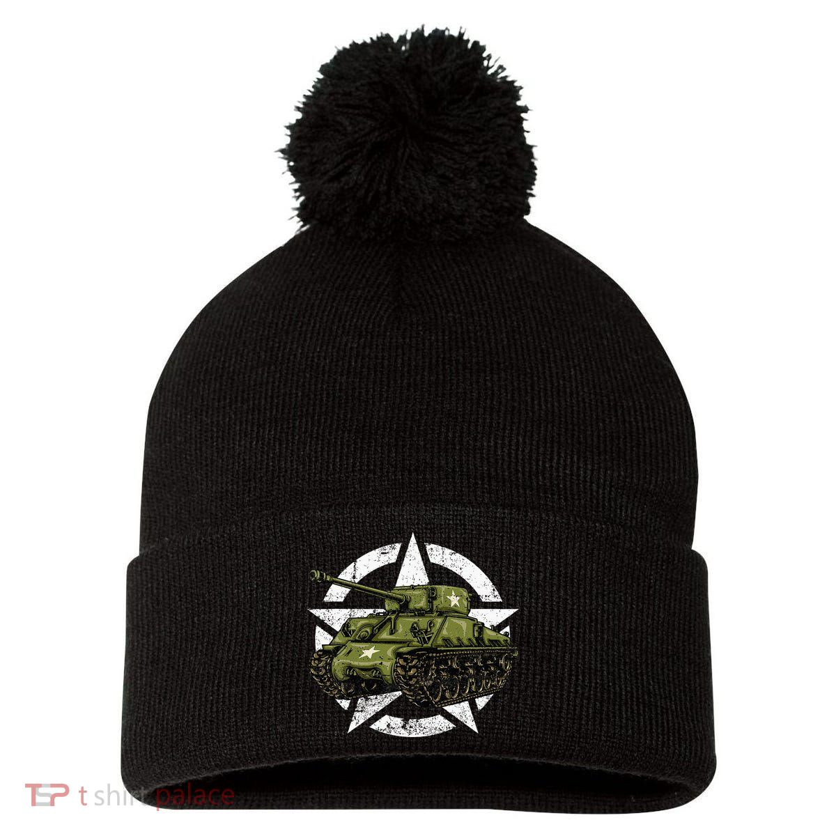 Sherman M4 World War 2 Army Tank Vintage Tank A Military Pom Pom 12in Knit Beanie
