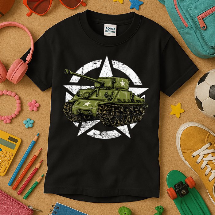 Sherman M4 World War 2 Army Tank Vintage Tank A Military Kids T-Shirt