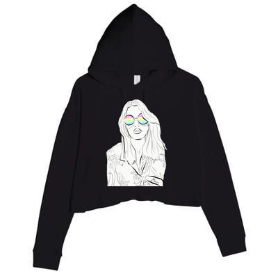 Stylish Minimalist Womans Face With Rainbow Sunglasses Crop Fleece Hoodie