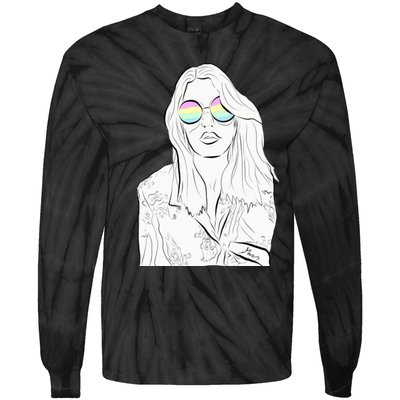 Stylish Minimalist Womans Face With Rainbow Sunglasses Tie-Dye Long Sleeve Shirt