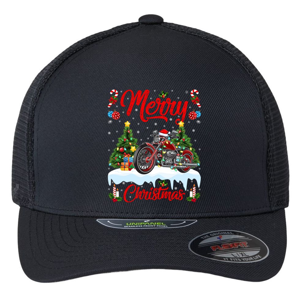 Santa Motorcycle Xmas Motorcycle Merry Christmas Tree Lights Flexfit Unipanel Trucker Cap