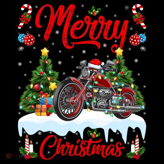 Santa Motorcycle Xmas Motorcycle Merry Christmas Tree Lights Tall T-Shirt
