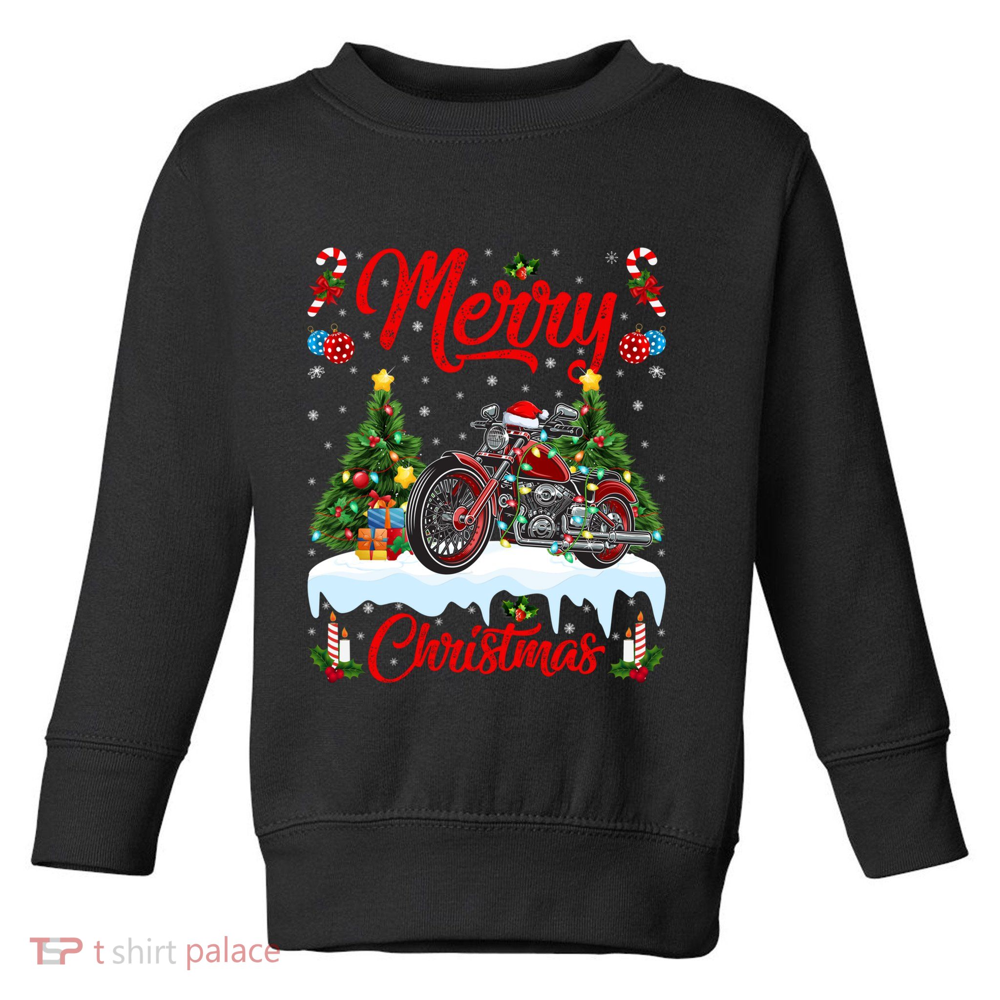 Santa Motorcycle Xmas Motorcycle Merry Christmas Tree Lights Toddler Sweatshirt