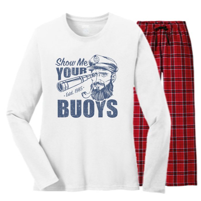 Show Me Your Buoys Adult Humor Funny Pontoon Boat Captain Women's Long Sleeve Flannel Pajama Set 