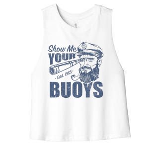 Show Me Your Buoys Adult Humor Funny Pontoon Boat Captain Women's Racerback Cropped Tank