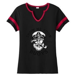 Show Me Your Buoys Funny Pontoon Boat Captain Ladies Halftime Notch Neck Tee