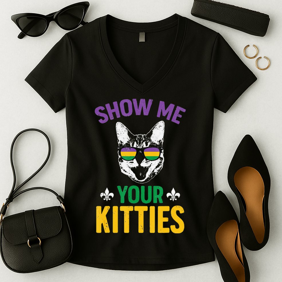 Show Me Your Kitties Funny Mardi Gras Carnival Women's V-Neck T-Shirt