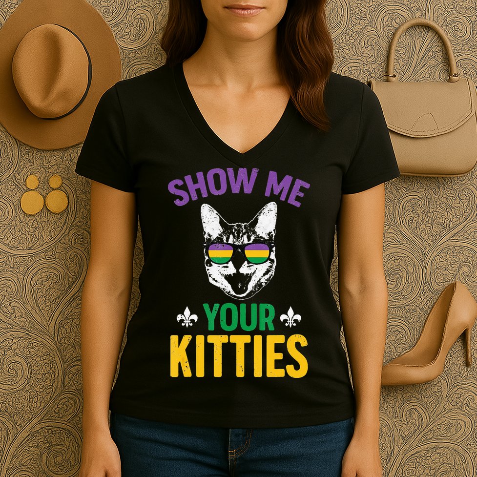 Show Me Your Kitties Funny Mardi Gras Carnival Women's V-Neck T-Shirt
