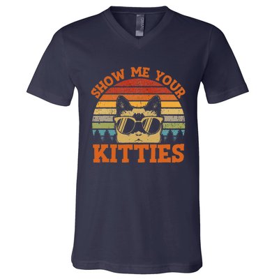 Show Me Your Kitties Funny Cat Lover Vintage Retro Sunset Gift V-Neck T-Shirt