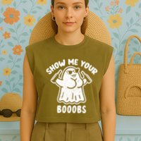 Show Me Your Booobs Funny Dumb Ghost Garment-Dyed Women's Muscle Tee