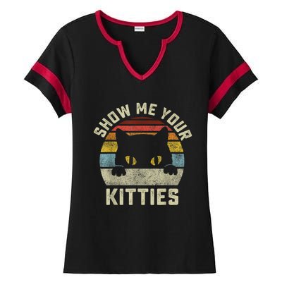 Show Me Your Kitties Vintage Retro Style Cat Mom Dad Lover Ladies Halftime Notch Neck Tee