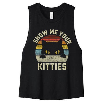 Show Me Your Kitties Vintage Retro Style Cat Mom Dad Lover Women's Racerback Cropped Tank