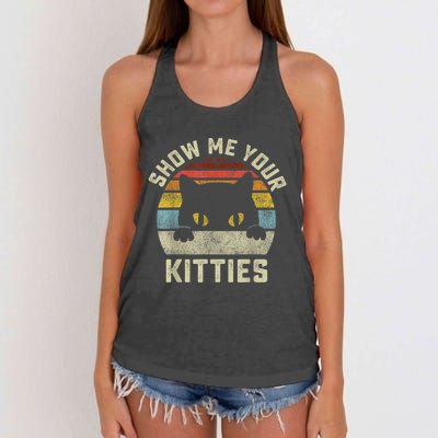 Show Me Your Kitties Vintage Retro Style Cat Mom Dad Lover Women's Knotted Racerback Tank