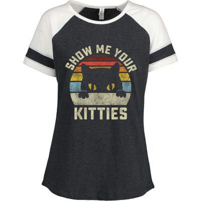 Show Me Your Kitties Vintage Retro Style Cat Mom Dad Lover Enza Ladies Jersey Colorblock Tee