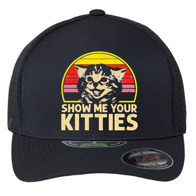 Show Me Your Kitties Cat Lover Retro Vintage Sunset Flexfit Unipanel Trucker Cap