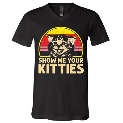 Show Me Your Kitties Cat Lover Retro Vintage Sunset V-Neck T-Shirt