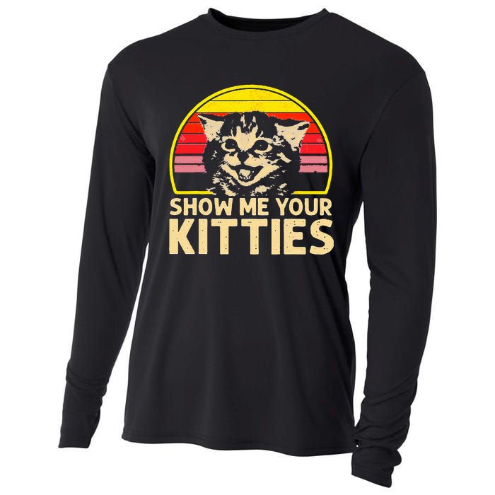 Show Me Your Kitties Cat Lover Retro Vintage Sunset Cooling Performance Long Sleeve Crew