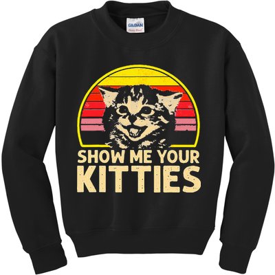 Show Me Your Kitties Cat Lover Retro Vintage Sunset Kids Sweatshirt