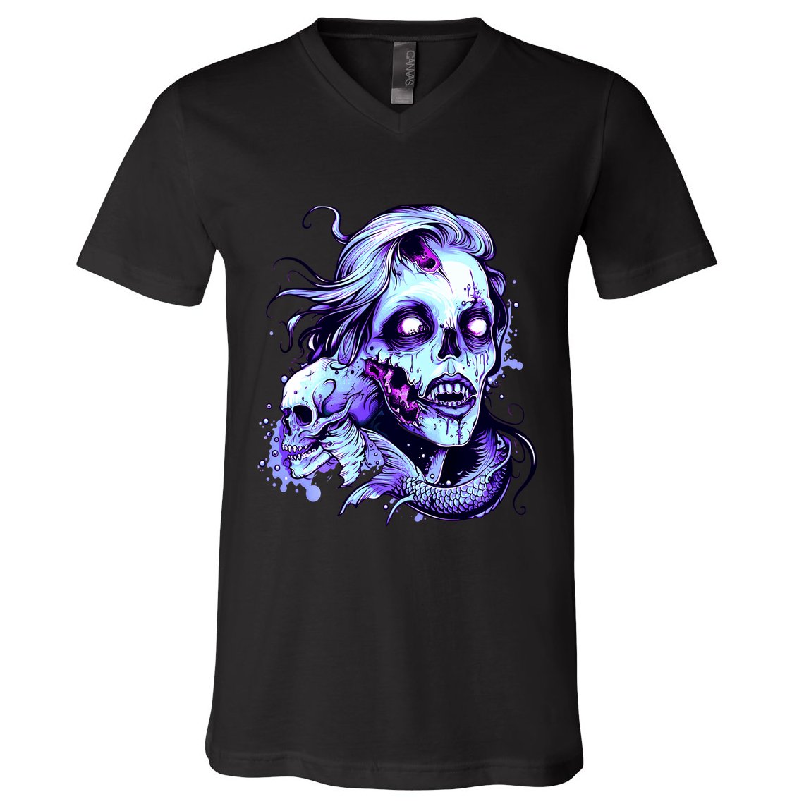 Scary Mermaid Zombie Creepy Adult Halloween Mermaid Art V-Neck T-Shirt
