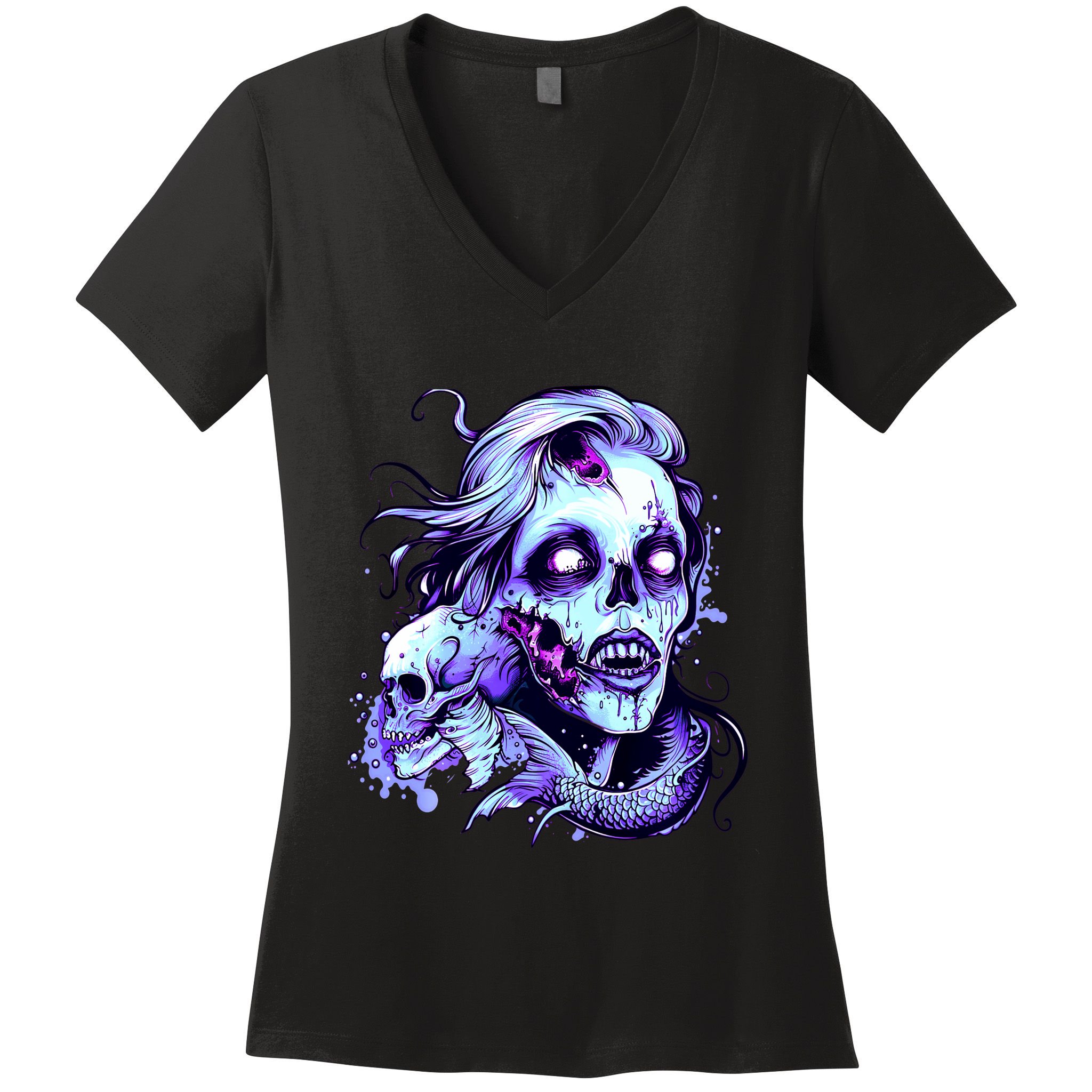 Scary Mermaid Zombie Creepy Adult Halloween Mermaid Art Women's V-Neck T-Shirt