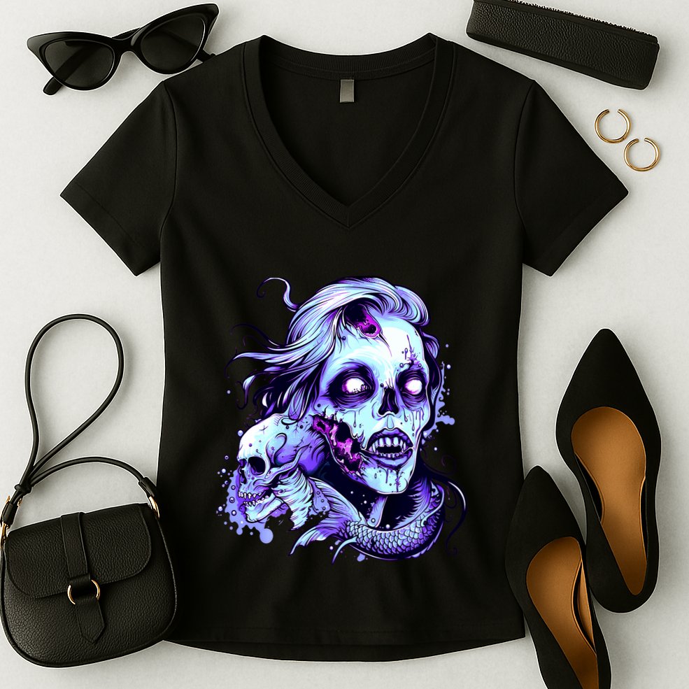 Scary Mermaid Zombie Creepy Adult Halloween Mermaid Art Women's V-Neck T-Shirt