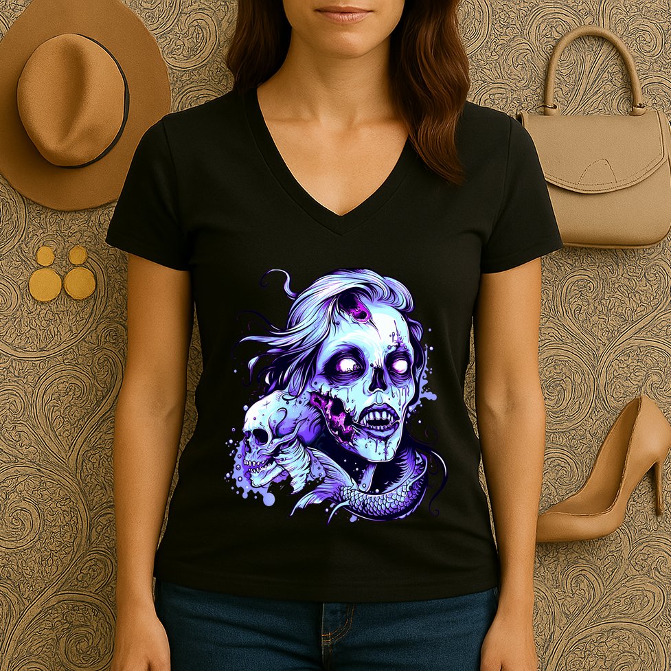 Scary Mermaid Zombie Creepy Adult Halloween Mermaid Art Women's V-Neck T-Shirt