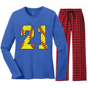 Softball Number 21 Mom Dad Show Support Favorite Player Great Gift Women's Long Sleeve Flannel Pajama Set 