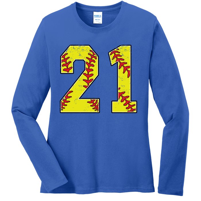 Softball Number 21 Mom Dad Show Support Favorite Player Great Gift Ladies Long Sleeve Shirt