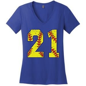 Softball Number 21 Mom Dad Show Support Favorite Player Great Gift Women's V-Neck T-Shirt