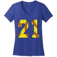 Softball Number 21 Mom Dad Show Support Favorite Player Great Gift Women's V-Neck T-Shirt