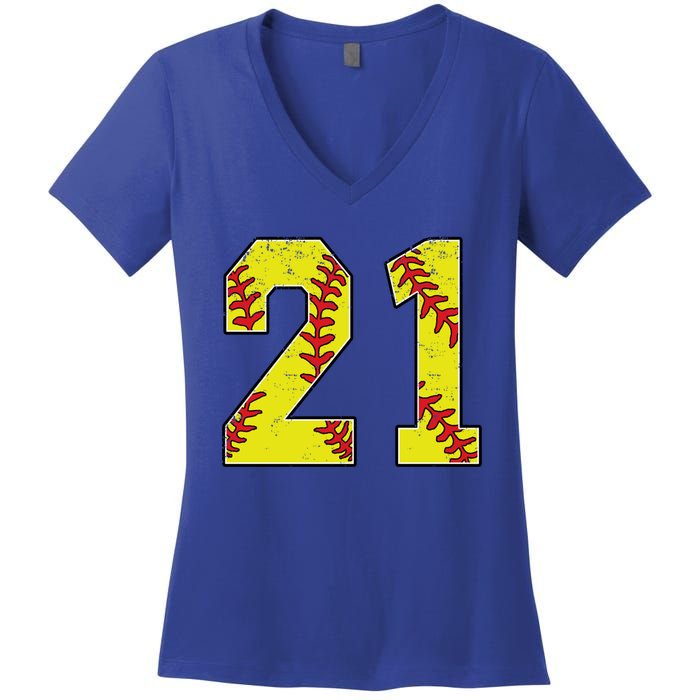 Softball Number 21 Mom Dad Show Support Favorite Player Great Gift Women's V-Neck T-Shirt