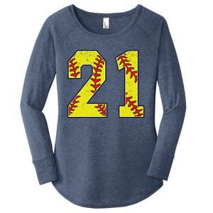 Softball Number 21 Mom Dad Show Support Favorite Player Great Gift Women's Perfect Tri Tunic Long Sleeve Shirt