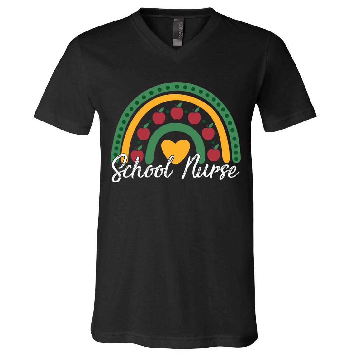 School Nurse Apple Rainbow Heart V-Neck T-Shirt
