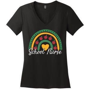 School Nurse Apple Rainbow Heart Women's V-Neck T-Shirt