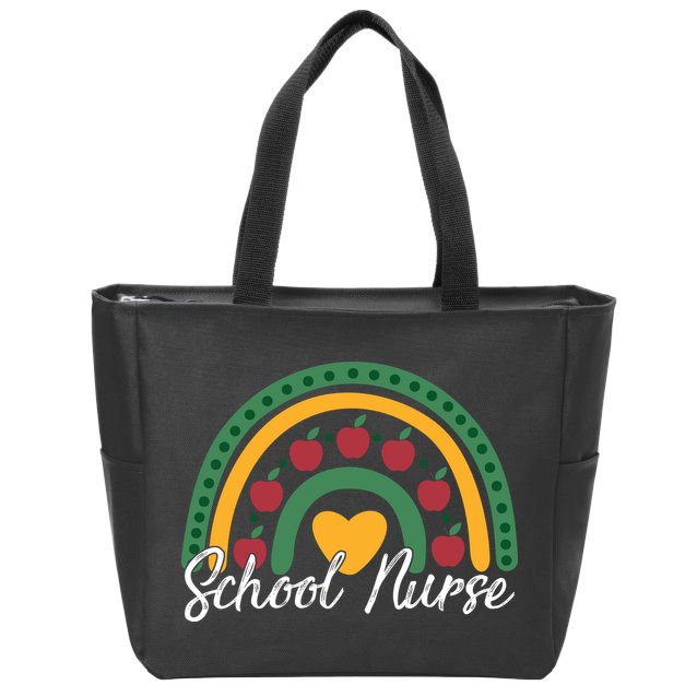 School Nurse Apple Rainbow Heart Zip Tote Bag