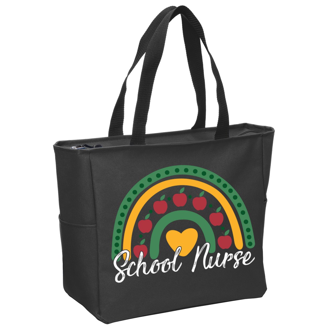 School Nurse Apple Rainbow Heart Zip Tote Bag
