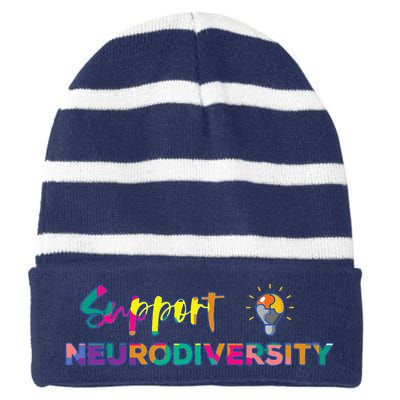 Support Neurodiversity Autism ADHD Awareness Rainbow Puzzle Striped Beanie with Solid Band