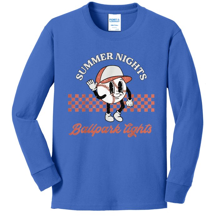 Summer Nights And Ballpark Lights Vintage Baseball Lover Kids Long Sleeve Shirt