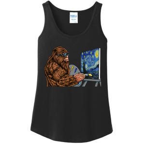 Starry Night Bigfoot Painting Funny Sasquatch Graphic Art Ladies Essential Tank