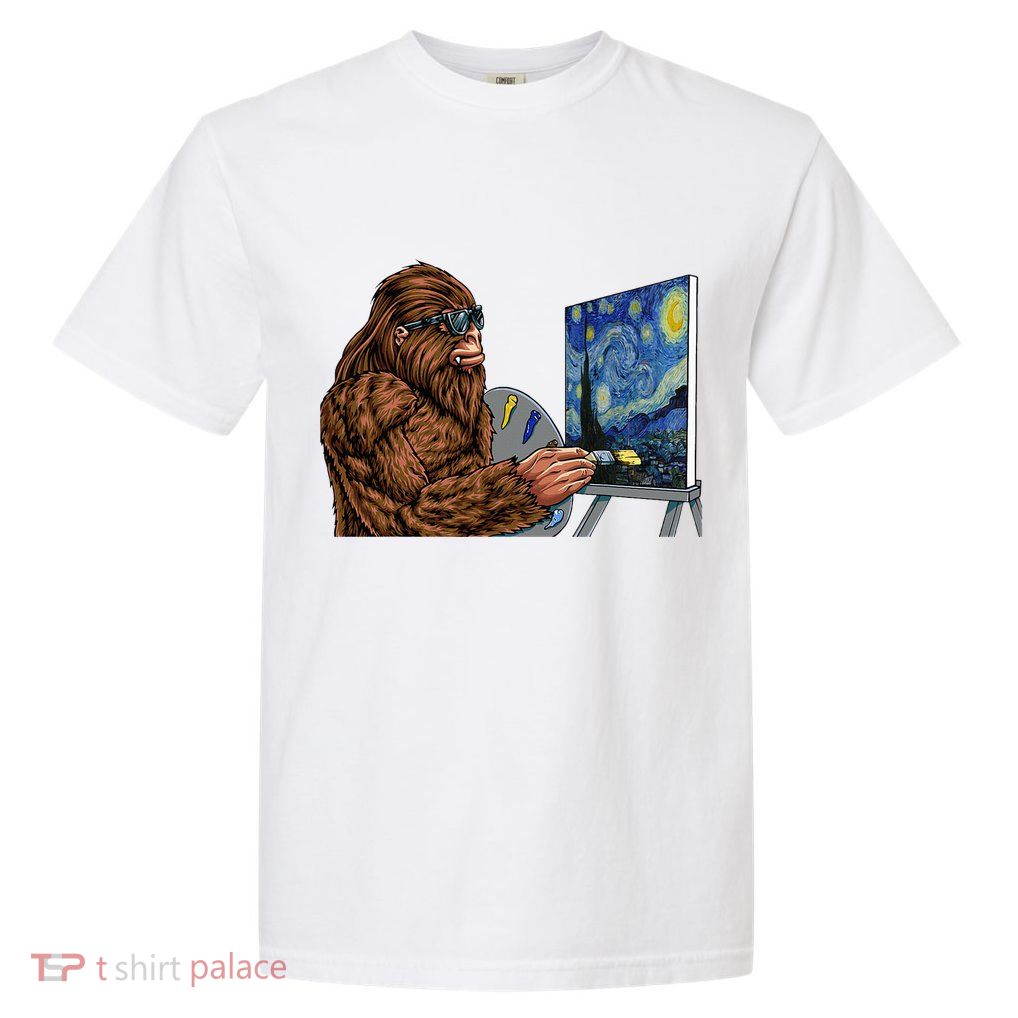 Starry Night Bigfoot Painting Funny Sasquatch Graphic Art Garment-Dyed Heavyweight T-Shirt