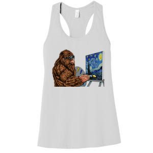 Starry Night Bigfoot Painting Funny Sasquatch Graphic Art Women's Racerback Tank