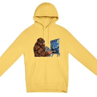 Starry Night Bigfoot Painting Funny Sasquatch Graphic Art Premium Pullover Hoodie