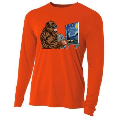 Starry Night Bigfoot Painting Funny Sasquatch Graphic Art Cooling Performance Long Sleeve Crew