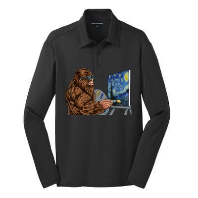 Starry Night Bigfoot Painting Funny Sasquatch Graphic Art Silk Touch Performance Long Sleeve Polo