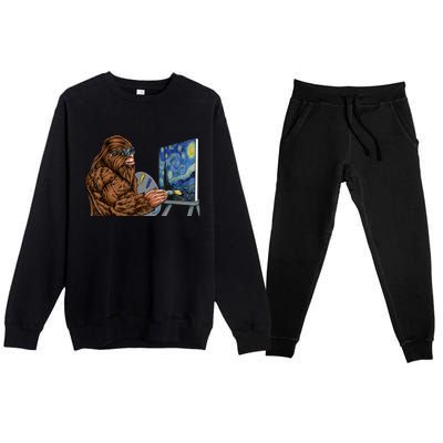 Starry Night Bigfoot Painting Funny Sasquatch Graphic Art Premium Crewneck Sweatsuit Set