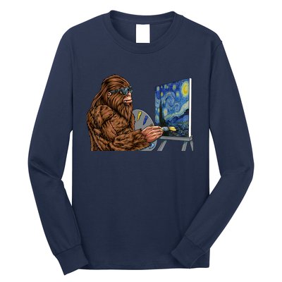 Starry Night Bigfoot Painting Funny Sasquatch Graphic Art Long Sleeve Shirt