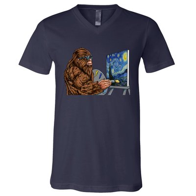 Starry Night Bigfoot Painting Funny Sasquatch Graphic Art V-Neck T-Shirt