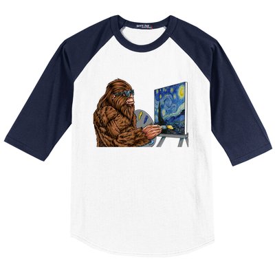 Starry Night Bigfoot Painting Funny Sasquatch Graphic Art Baseball Sleeve Shirt