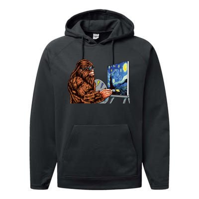 Starry Night Bigfoot Painting Funny Sasquatch Graphic Art Performance Fleece Hoodie